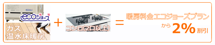 エコジョーズ給湯器＋ガス温水床暖房＋ガスコンロ(２口以上)＝暖房料金スタンダードプランからさらに２％お得に！