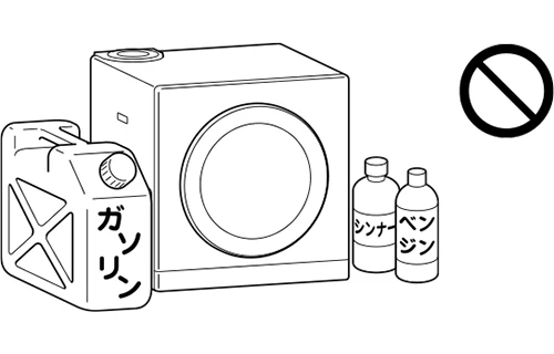 ベンジン・シンナー・ガソリンなど揮発性引火物を使用する場所には設置しない（リンナイの説明図）