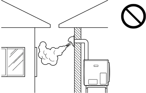パイプフードの水蒸気や音が隣家の迷惑になる場所では使用しない（リンナイの説明図）