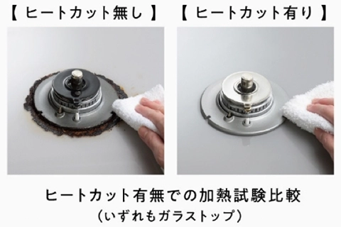 ホーロートップとヒートカットトップの天板温度をサーモグラフィで比べた図（パロマ調べ）