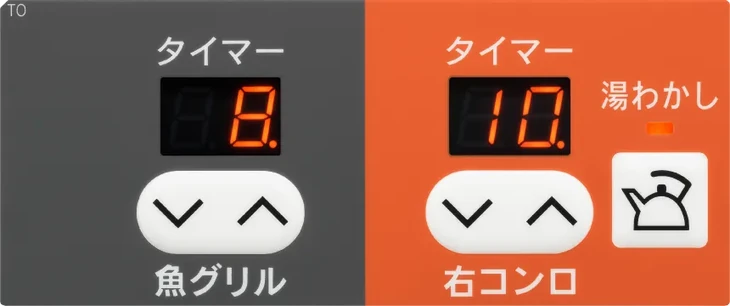 セイフルプラスの操作パネル（グリル側はグレー、コンロ側はオレンジで色分け）