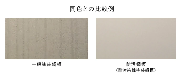 一般塗装鋼板と防汚鋼板（耐汚染性塗装鋼板）の同色での比較例