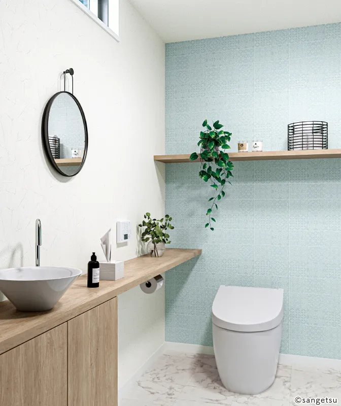 洗面台とトイレが並ぶ空間に、同じ白い大理石柄のクッションフロアを張ったイメージ（サンゲツ HM-12048）